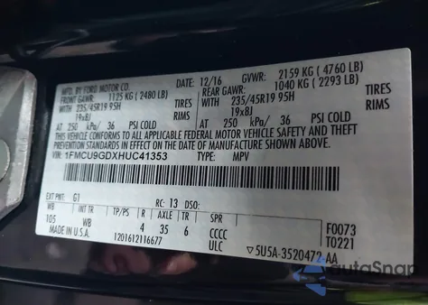 2017 Ford Escape Se из США, поврежденный, VIN 1FMCU9GDXHUC41353